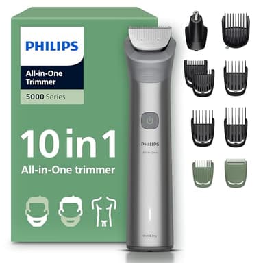 Philips Recortadora todo en uno de 10 en 1 Serie 5000 - Afeitadora y cortapelos hombre para rostro, cabeza y cuerpo, cuchillas de acero autoafilables, 11 longitudes (0,5-16 mm), recargable, MG5918/15