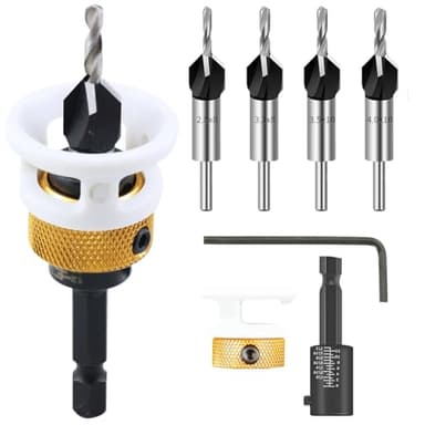 Broca Avellanadora Madera con Tope de Profundidad Ajustable, Juego de 6 HSS Brocas Avellanadas Cónica, Vástago Hexagonal de 1/4", para Carpintería y Bricolaje