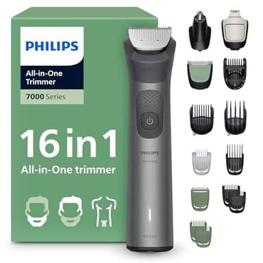 Philips Recortadora todo en uno de 16 en 1 Serie 7000 - Afeitadora y cortapelos hombre para rostro, cabeza y cuerpo, cuchillas de acero autoafilables, 21 longitudes, recargable, MG7931/15