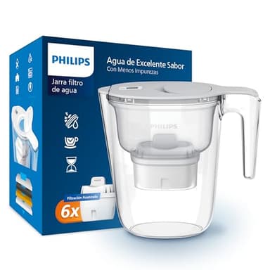 Philips Water Filtro de jarra + 6 cartuchos de filtro de repuesto, Filtración Avanzada, flujo rápido, temporizador electrónico, filtra CLORO, CAL, metales pesados y MICROPLÁSTICOS, capacidad 2,6 L