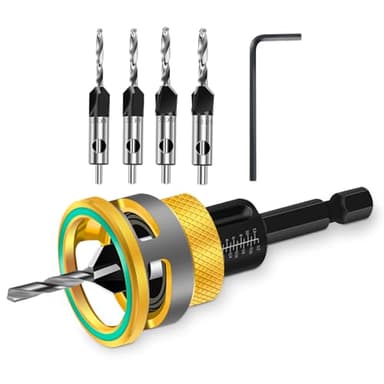 Juego de 6 brocas avellanadas con tope de profundidad ajustable y llave en forma de L, perfecto para proyectos de madera, plástico y carpintería(Golden)