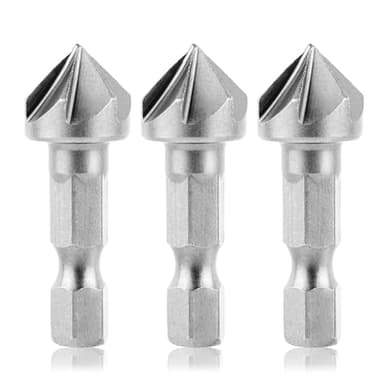 Paquete de 3 brocas avellanadas de 1/4 pulgadas con vástago hexagonal de 6 flautas para 6,35 mm, juegos de punzones centrales de 90 grados, fregadero de metal para madera, madera contrachapada y
