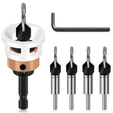 Juego de 6 brocas avellanadoras cónicas, juego de brocas avellanadas para carpintería con vástago hexagonal de 1/4 pulgadas, broca previa de HSS-M2, avellanador con tope de profundidad, broca en