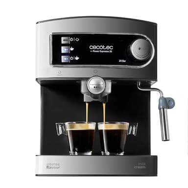 Cecotec Cafetera Express Manual Power Espresso 20. 850 W, Presión 20 Bares, Depósito de 1,6L, Brazo Doble Salida, Vaporizador, Superficie Calientatazas, Acabados en Acero Inoxidable