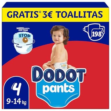 Dodot Bebé Pants Pañales, Talla 4, 9-15 kg, 198 Pañales, Pañal-Braguita con Ajuste 360° Anti-Fugas, Pack Mensual