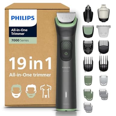 Philips Recortadora todo en uno de 19 en 1 Serie 7000 - Afeitadora y cortapelos hombre para rostro, cabeza y cuerpo, cuchillas de acero autoafilables, 26 longitudes, recargable, MG7962/30