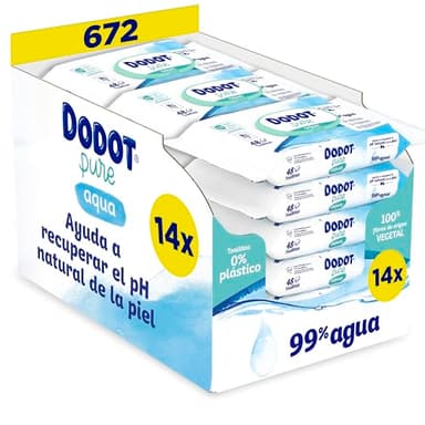 Dodot Toallitas Pure Aqua Para Bebé, 672 Toallitas (14 Pack De 48 Unidades), Ayuda A Restaurar El PH Natural De La Piel, 99% Agua, Sin plástico