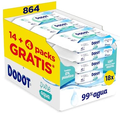 Dodot Toallitas Pure Aqua Para Bebé, 864 Toallitas (18 Packs de 48 Unidades), Ayuda A Restaurar El PH Natural De La Piel, 99% Agua, Sin plástico