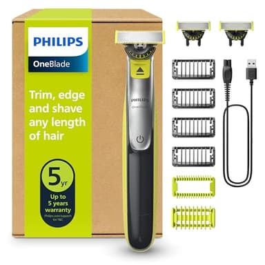Philips OneBlade 360 Auténtico Barbero, afeitadora y recortadora eléctrica facial y corporal, 3x 360 cuchillas, 4x peine para barba incipiente (1,2,3,5mm), 1x kit corporal, QP2834/31