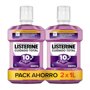 Listerine Cuidado Total (pack de 2 x 1 L), enjuague bucal con flúor, colutorio bucal con 6 beneficios en 1, elixir bucal para una limpieza bucal completa (El embalaje puede variar)