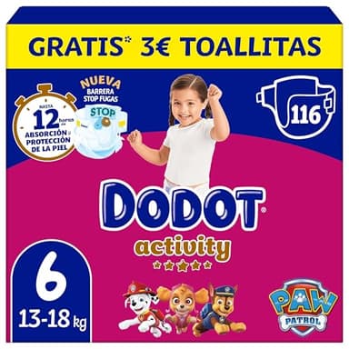 Dodot Pañales Bebé Activity, Talla 6 (13-18 kg), 116 Pañales, Hasta 12h de Protección Antifugas y Ajuste, Pack Mensual
