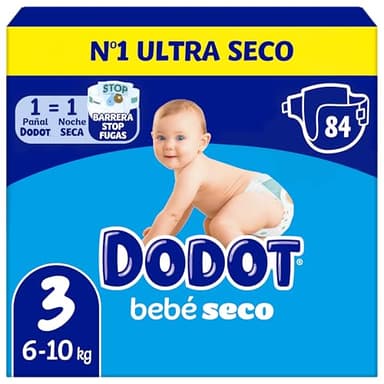 Dodot Pañales Bebé-Seco, Talla 3 (6-10 kg), 84 Pañales, Una Noche Hasta Un 100% Libre De Fugas
