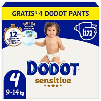 Dodot Pañales Bebé Sensitive, Talla 4 (9-14 kg), 172 Pañales + 4 Pants de Regalo, Hasta 12 h De Protección Antifugas y Cuidado de la Piel, Pack Mensual