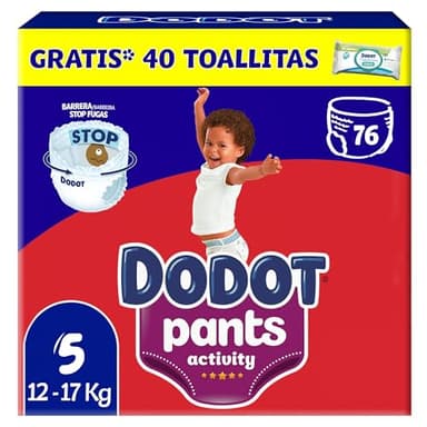 Dodot Pañal-Braguita Activity Pants , Talla 5 (12-17 kg), 76 Pañales + Regalo de 1 Pack de 40 Toallitas, Con Ajuste 360 anti-fugas extra suave