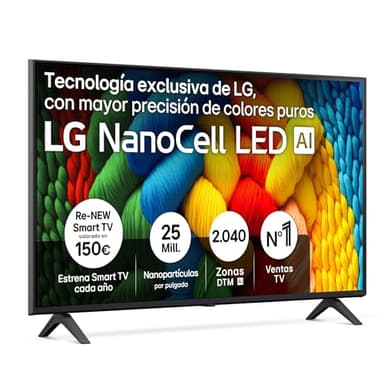 LG 43NANO80A6B - TV 43", 4K NanoCell, Smart TV, LED IA, WebOS 25, Procesador Potente e Inteligente, Super Upscaling, Dolby Digital Plus, Alexa/Google Assistant, Negro