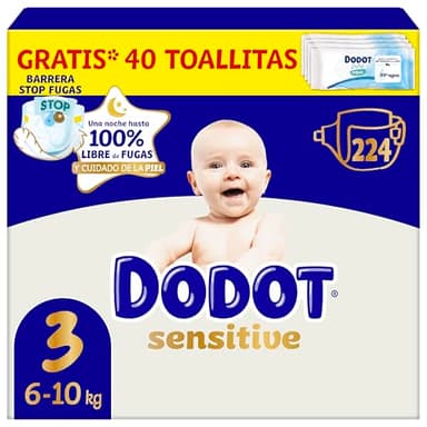 Dodot Pañales Bebé Sensitive, Talla 3 (6-10 kg), 224 Pañales + 1 Pack de 40 Toallitas Regalo de Aqua Plastic Free, Nº1 en Protección de la Piel deDodot, Pack Mensual