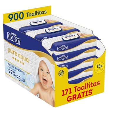 Dodot Pure Aqua Toallitas con Textura Suave para bebé, 900 toallitas (15 Packs de 60 unidades), con loción de 99% agua