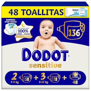 Dodot Sensitive Kit Recién Nacido Pañales + toallitas, 58 Pañales de la Talla 2 + 78 Pañales de la Talla 3 + 48 Toallitas Pure Aqua para Bebe, 99% Agua