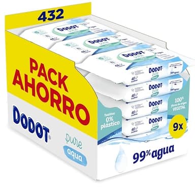 Dodot Toallitas Pure Aqua Para Bebé, 432 Toallitas (9 Packs de 48 Unidades) , Ayuda A Restaurar El PH Natural De La Piel, 99% Agua, Sin plástico