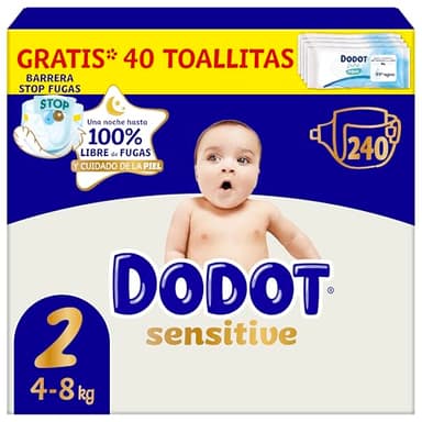 Dodot Pañales Bebé Sensitive, Talla 2 (4-8 kg), 240 Pañales + Regalo de 40 Toallitas Aqua Pure 99% Agua, Hasta 12 h De Protección Antifugas y Cuidado de la Piel, Pack Mensual