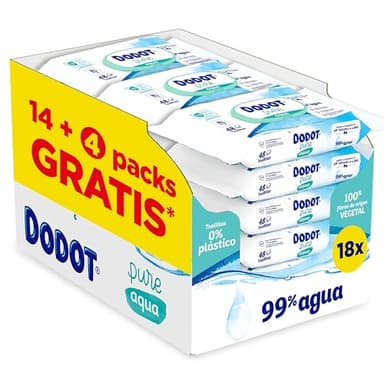 Dodot Toallitas Pure Aqua Para Bebé, 864 Toallitas (18 Packs de 48 Unidades), Ayuda A Restaurar El PH Natural De La Piel, 99% Agua, Sin plástico
