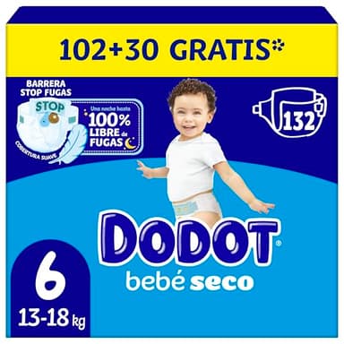 Dodot Pañales Bebé-Seco, Talla 6 (13-18 kg), 132 Pañales + Regalo de 1 Pack de 10 Toallitas Aqua Pure 99% Agua, Una Noche Hasta Un 100% Libre De Fugas, Pack mensual